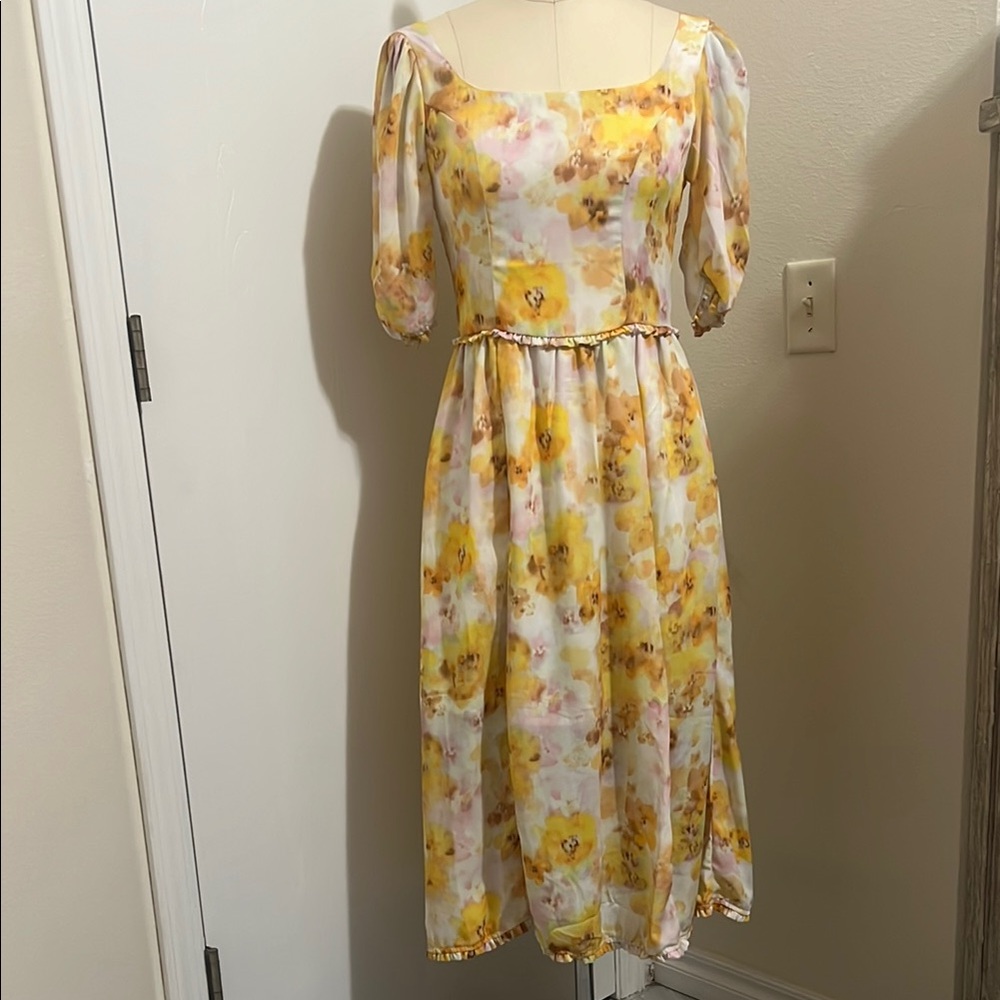 Yellow and White Square Neck Midi Dress with Puff Sleeves